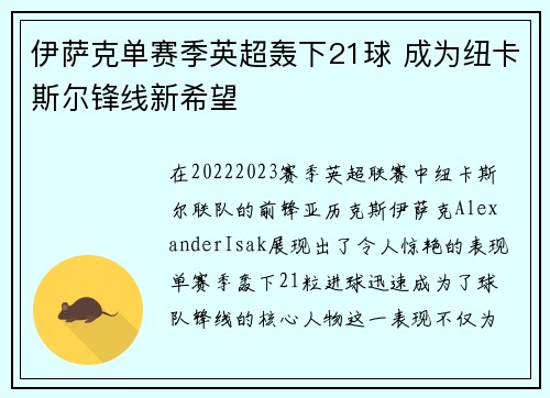 伊萨克单赛季英超轰下21球 成为纽卡斯尔锋线新希望