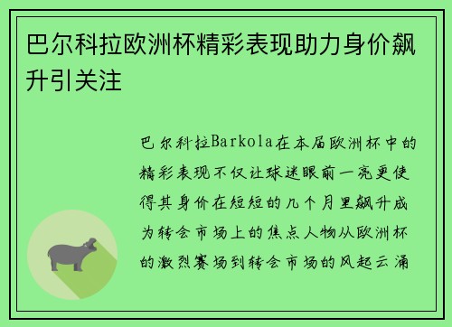 巴尔科拉欧洲杯精彩表现助力身价飙升引关注