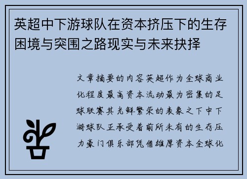 英超中下游球队在资本挤压下的生存困境与突围之路现实与未来抉择 英超中下游球队在资本挤压下的生存困境与突围之路现实与未来抉择
